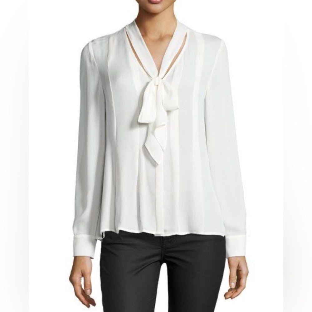 Ramy Brook Claire V Neck Tie Neck Blouse Button Top White Medium - Picture 2 of 8